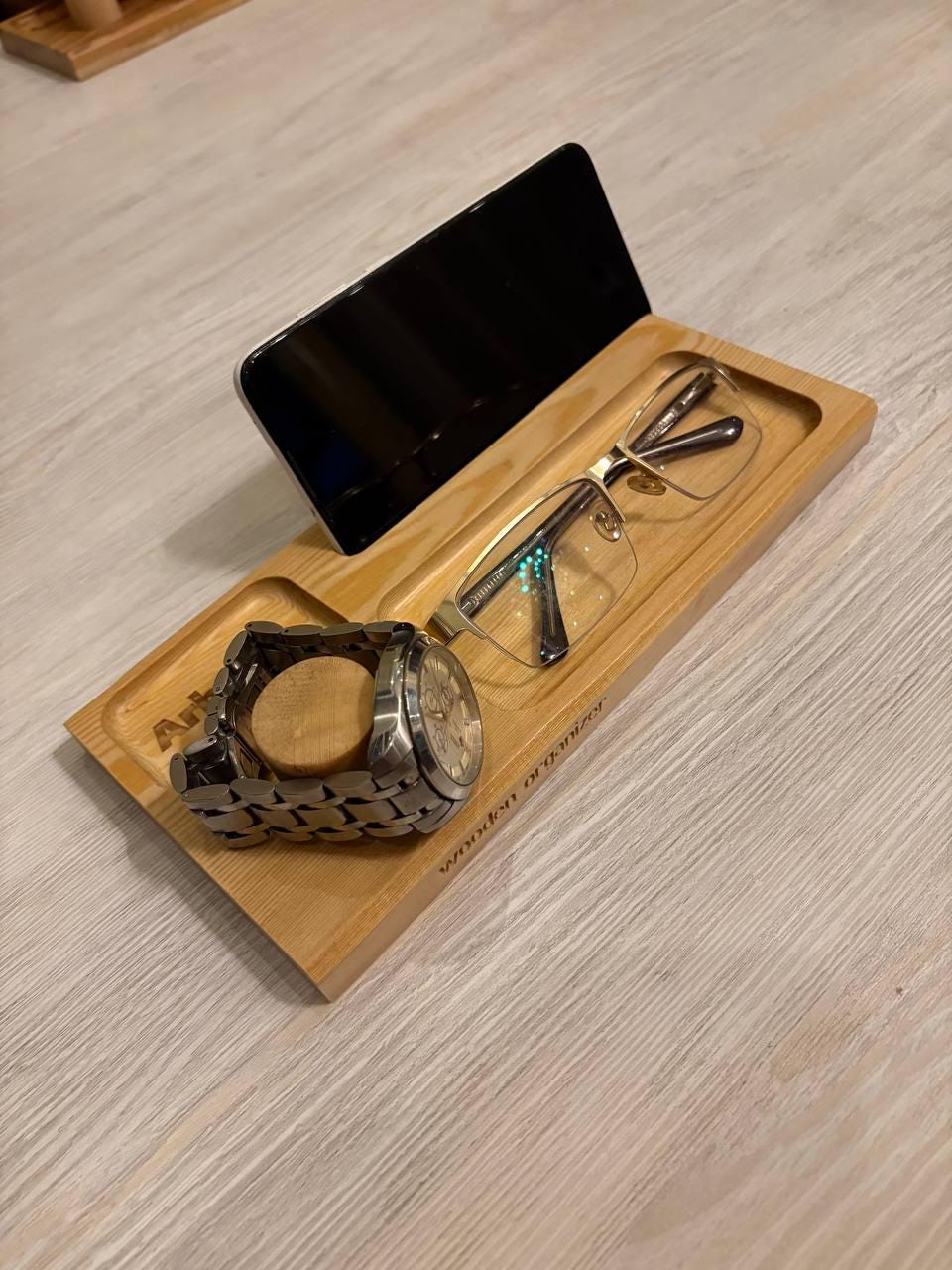 Wooden Bedside Organizer, Phone Stand, Watch Holder, Glasses Tray, Minimalist Decor