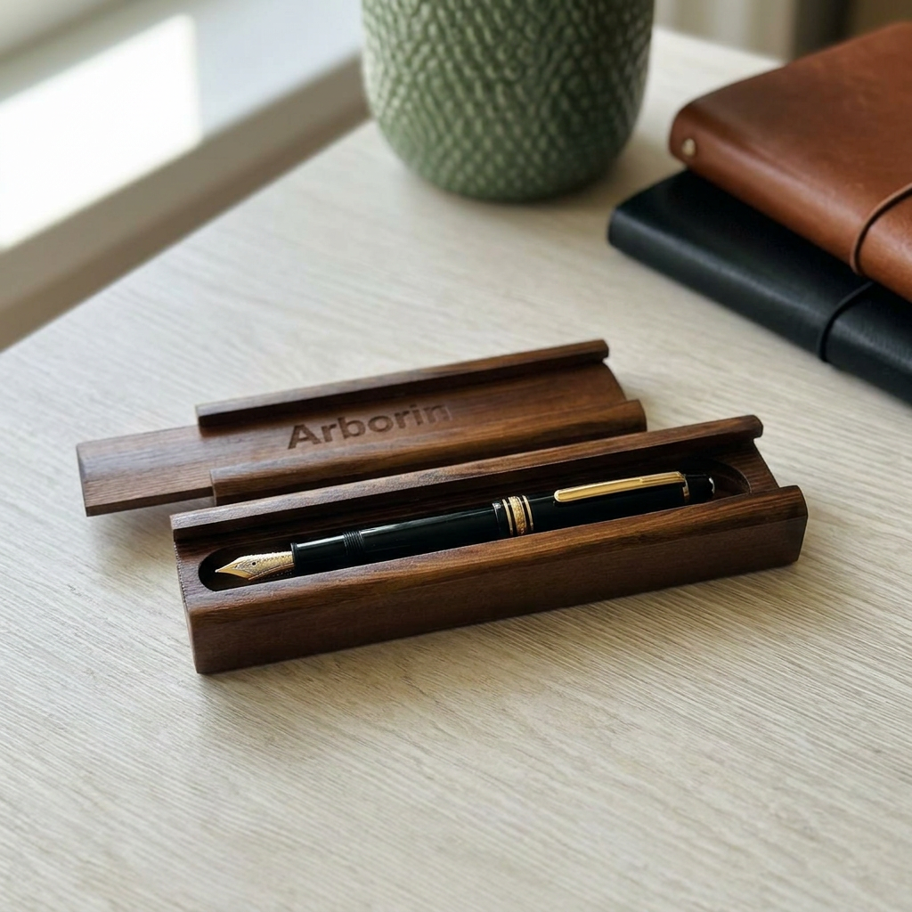 Personalised solid larch wooden pen case engraved with a name