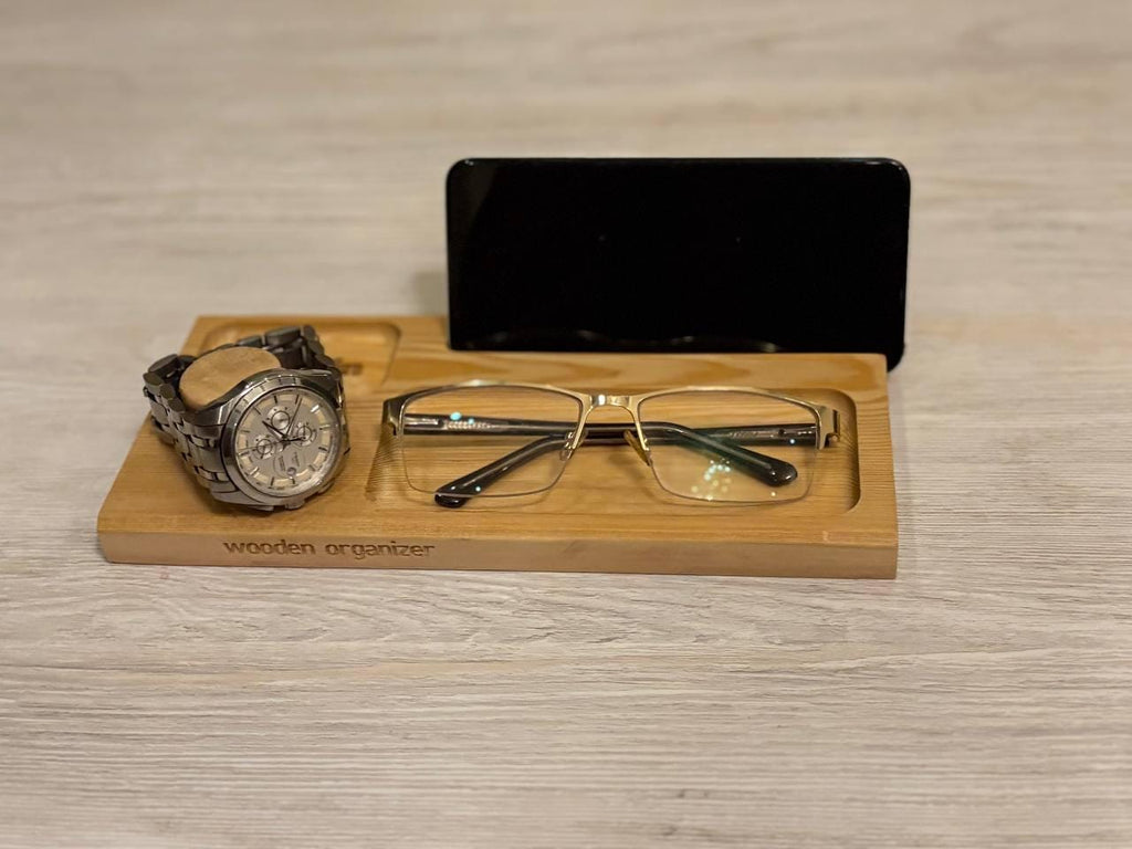 Wooden Bedside Organizer, Phone Stand, Watch Holder, Glasses Tray, Minimalist Decor