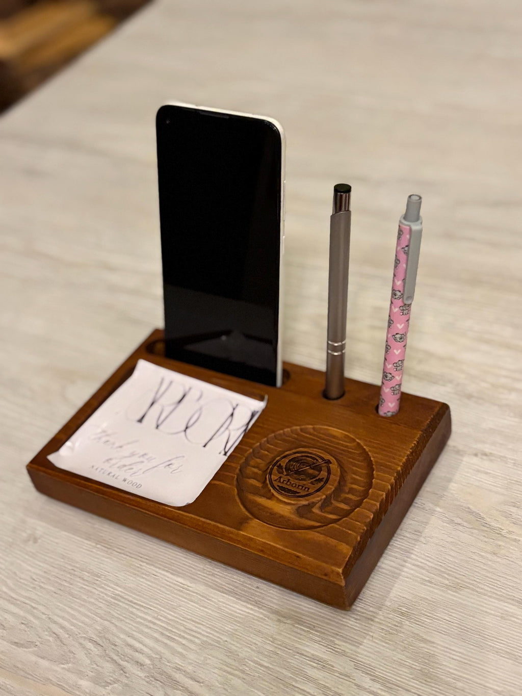 Handmade Wooden Desk Organizer, Phone Stand, Pen Holder, Notepad Tray