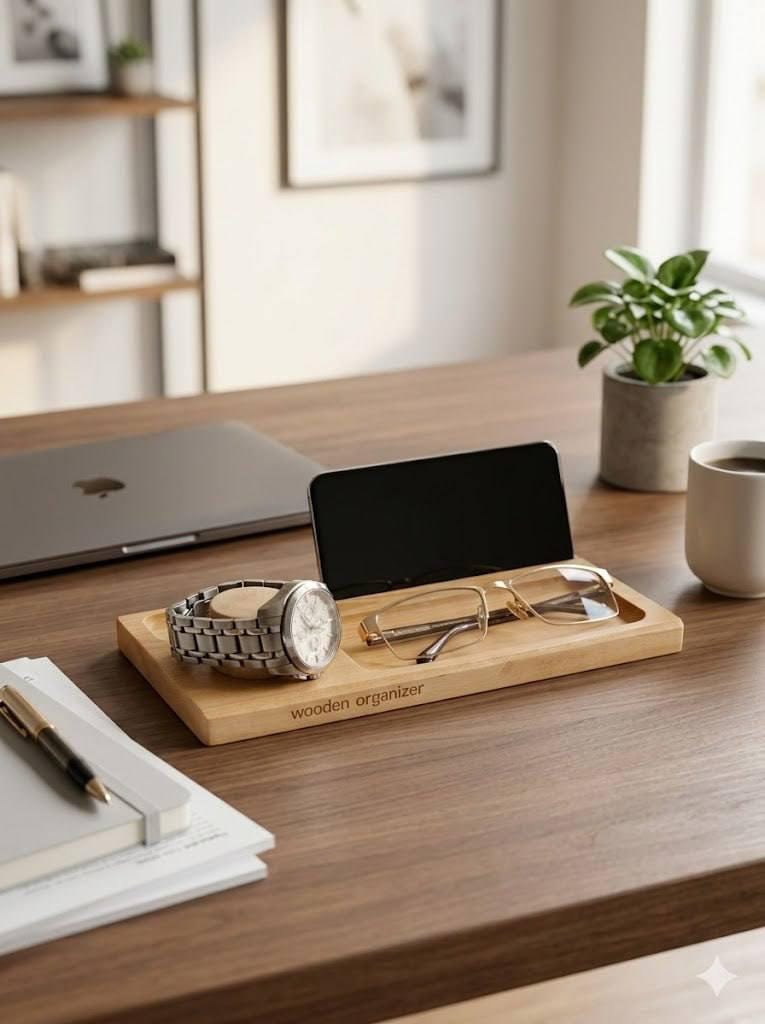 Wooden Bedside Organizer, Phone Stand, Watch Holder, Glasses Tray, Minimalist Decor