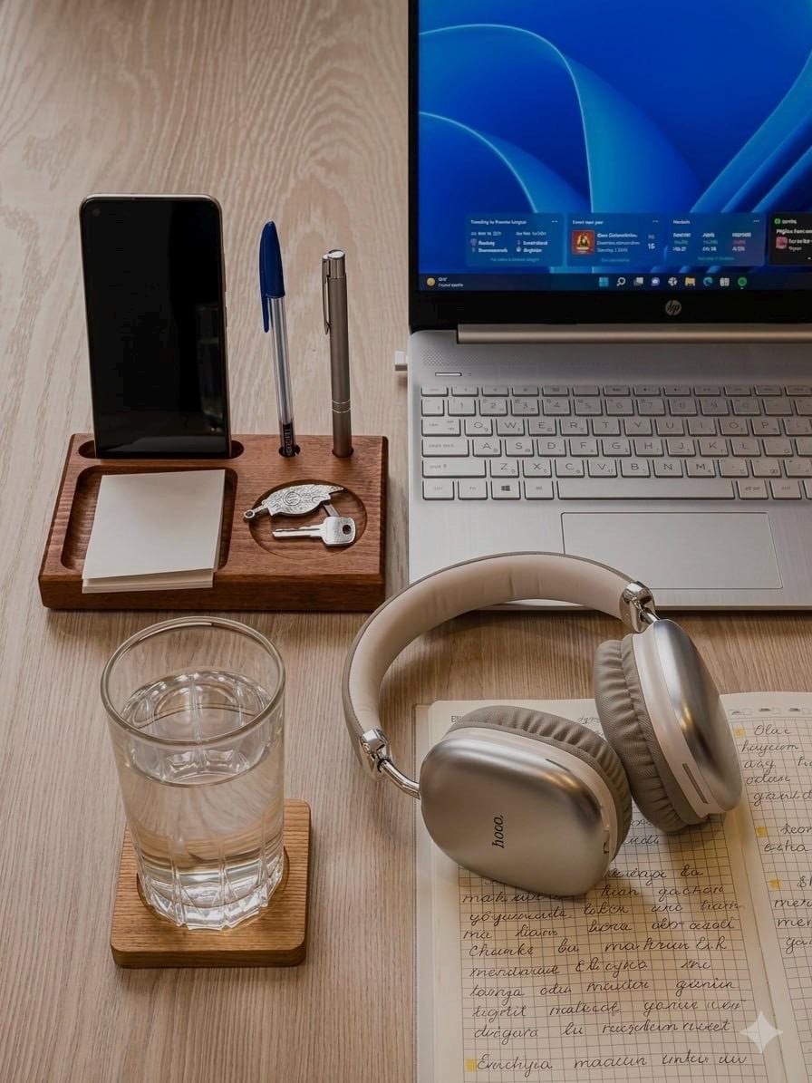 Handmade Wooden Desk Organizer, Phone Stand, Pen Holder, Notepad Tray