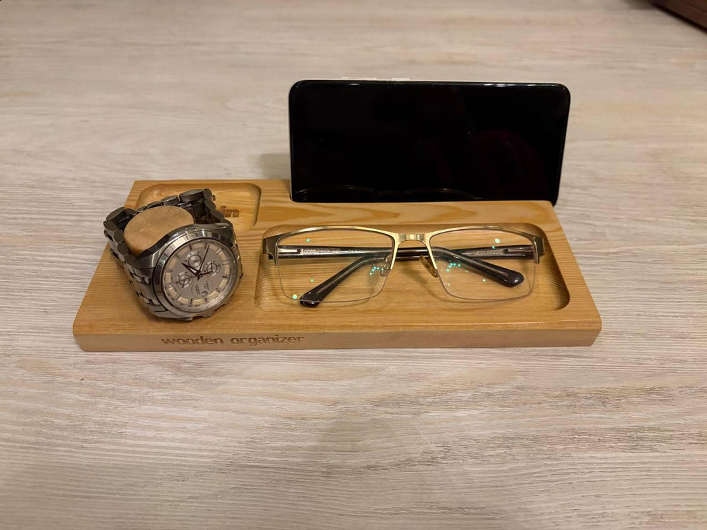 Wooden Bedside Organizer, Phone Stand, Watch Holder, Glasses Tray, Minimalist Decor