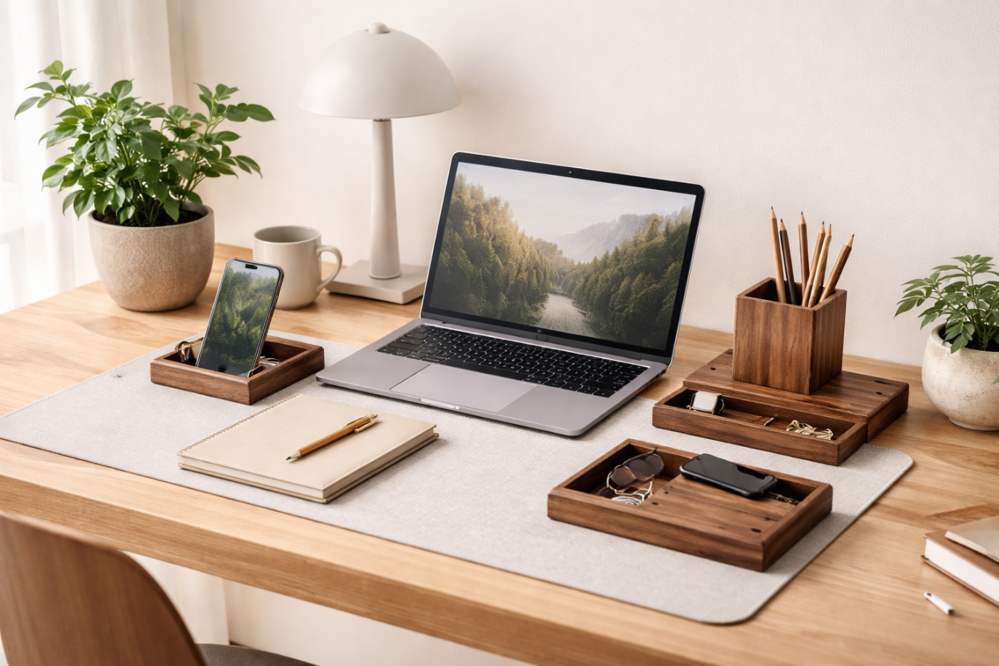 Organized desk setup with laptop, phone, notebook, and office supplies on a wooden desk.