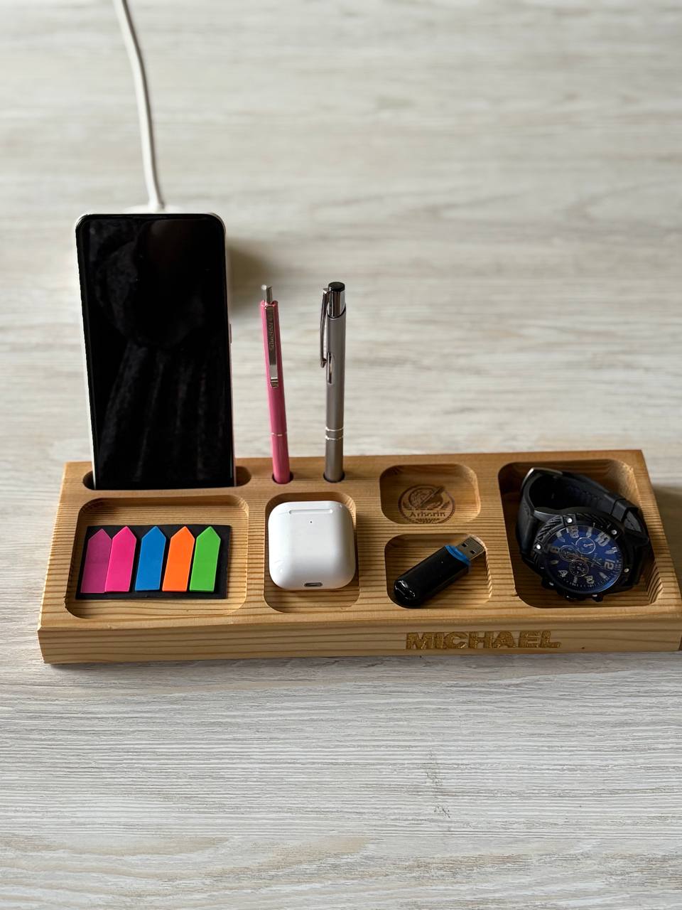 Personalised Handmade Wooden Desk Organizer | Custom Name Engraving | Phone Stand | Pen Holder | Watch Tray | AirPods Holder | Men's Office Gift | Customised Desk Caddy
