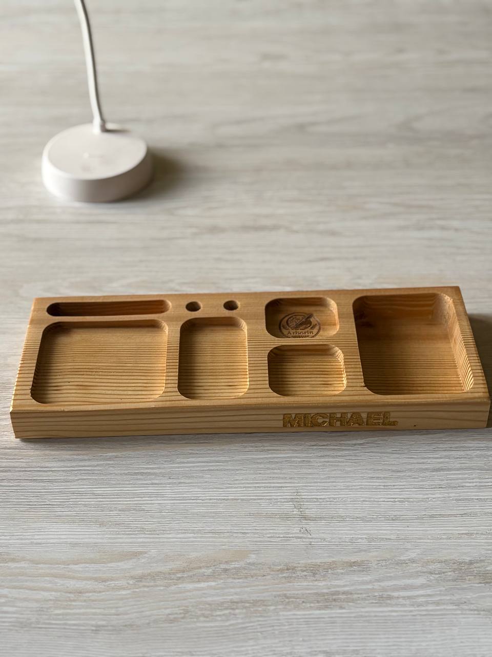 Personalised Handmade Wooden Desk Organizer | Custom Name Engraving | Phone Stand | Pen Holder | Watch Tray | AirPods Holder | Men's Office Gift | Customised Desk Caddy
