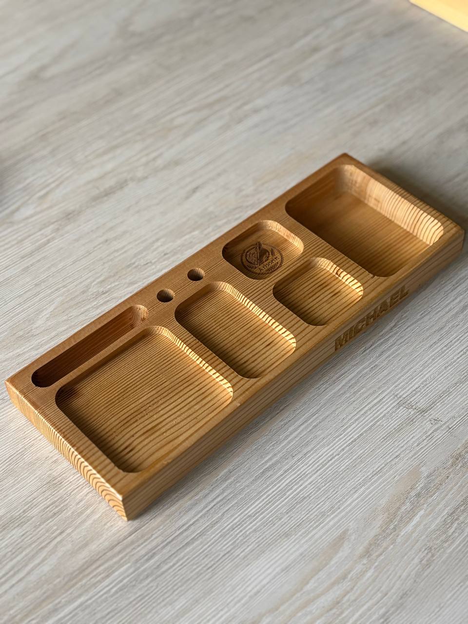Personalised Handmade Wooden Desk Organizer | Custom Name Engraving | Phone Stand | Pen Holder | Watch Tray | AirPods Holder | Men's Office Gift | Customised Desk Caddy
