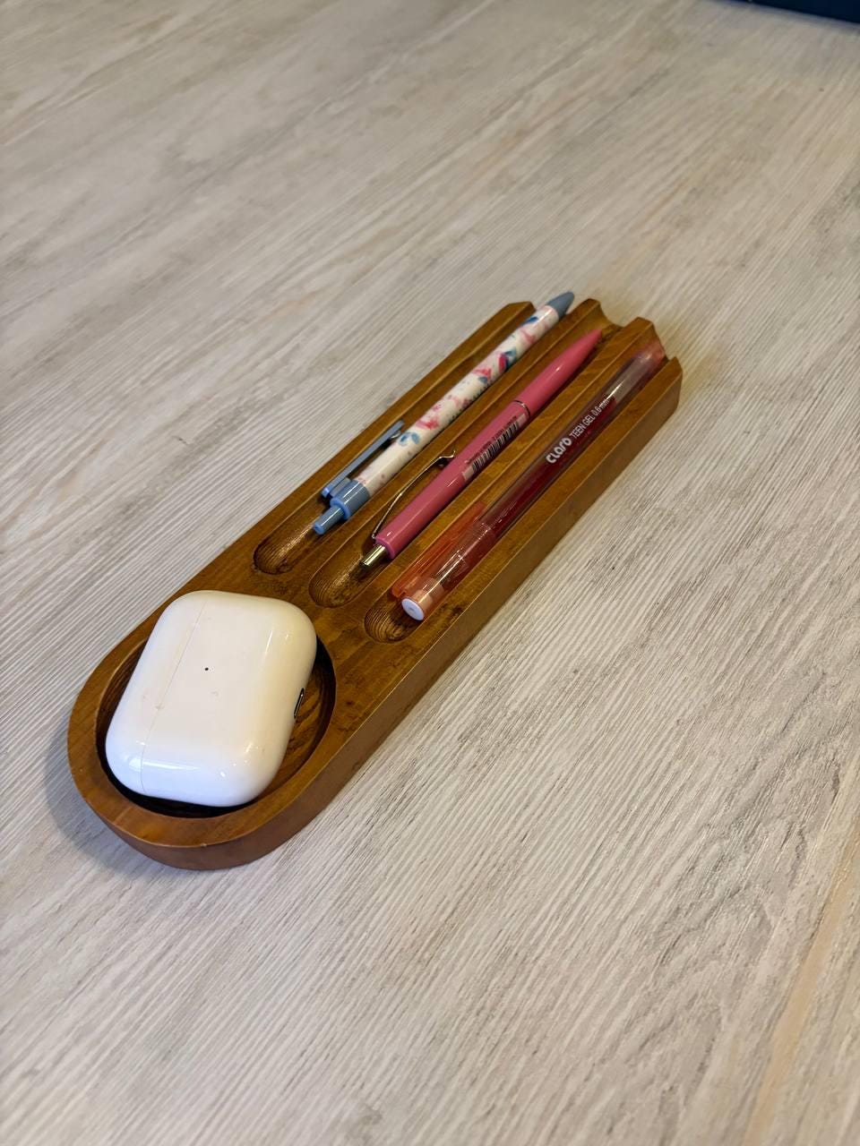 Handmade Wooden Desk Organizer Tray, Minimalist Office Accessory, Pen Holder Catchall Dish