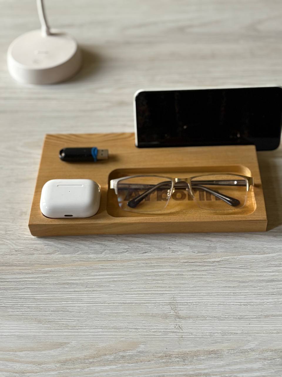 Handmade Wooden Desk Organizer with Phone Stand | Eyeglasses Tray | AirPods Holder | USB Storage | Minimalist Bedside Valet Tray | Nightstand Organizer | Gift for Him