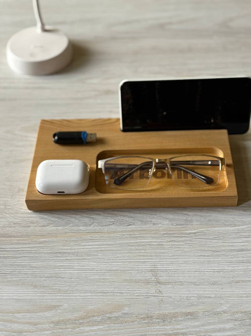 Handmade Wooden Desk Organizer with Phone Stand | Eyeglasses Tray | AirPods Holder | USB Storage | Minimalist Bedside Valet Tray | Nightstand Organizer | Gift for Him