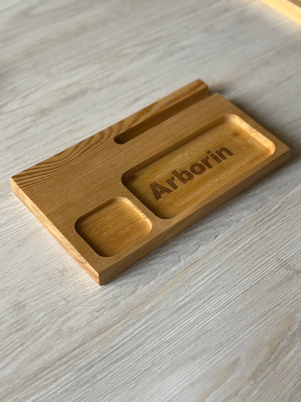 Handmade Wooden Desk Organizer with Phone Stand | Eyeglasses Tray | AirPods Holder | USB Storage | Minimalist Bedside Valet Tray | Nightstand Organizer | Gift for Him