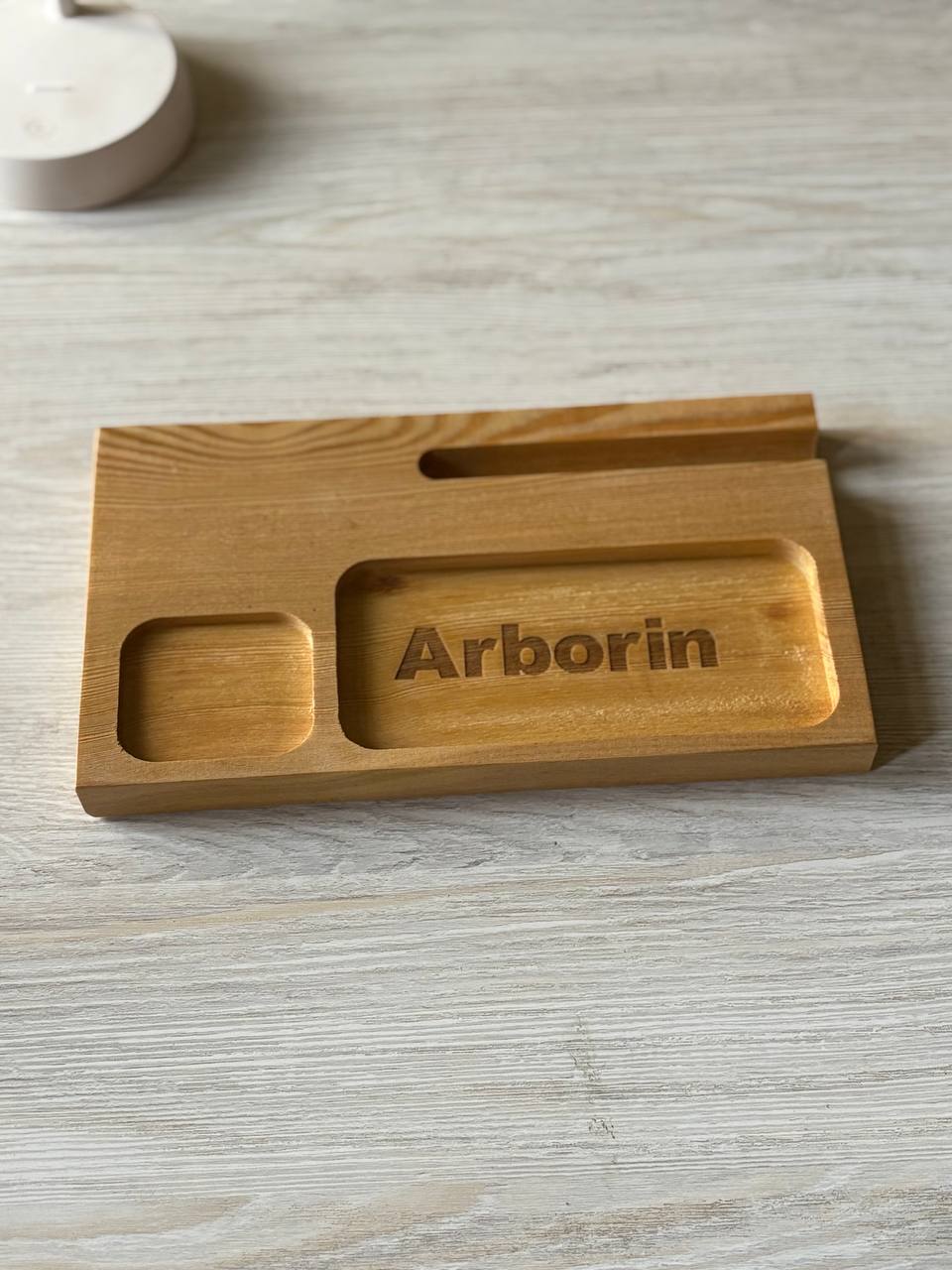 Handmade Wooden Desk Organizer with Phone Stand | Eyeglasses Tray | AirPods Holder | USB Storage | Minimalist Bedside Valet Tray | Nightstand Organizer | Gift for Him