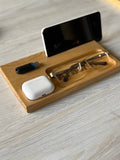 Handmade Wooden Desk Organizer with Phone Stand | Eyeglasses Tray | AirPods Holder | USB Storage | Minimalist Bedside Valet Tray | Nightstand Organizer | Gift for Him