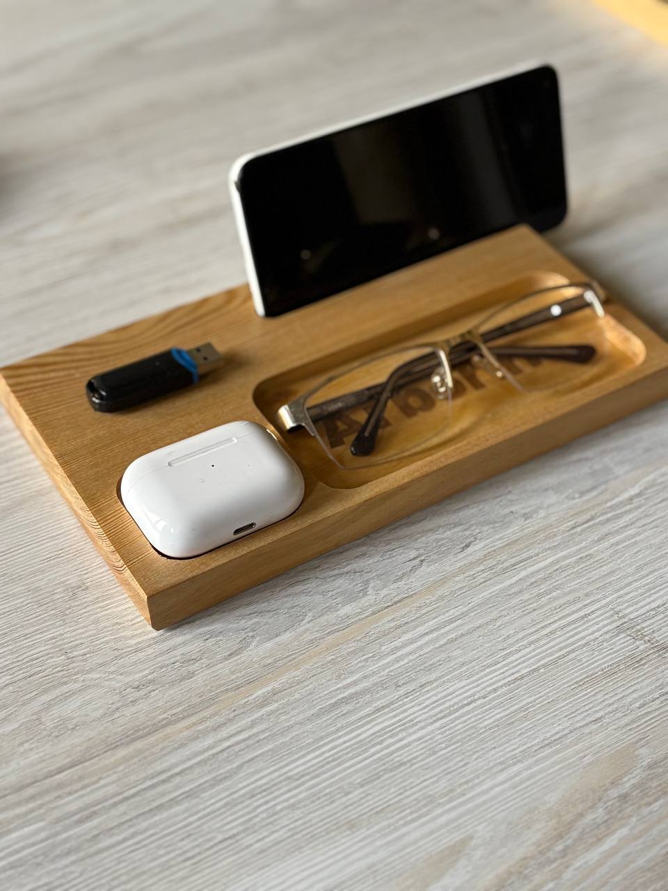 Handmade Wooden Desk Organizer with Phone Stand | Eyeglasses Tray | AirPods Holder | USB Storage | Minimalist Bedside Valet Tray | Nightstand Organizer | Gift for Him