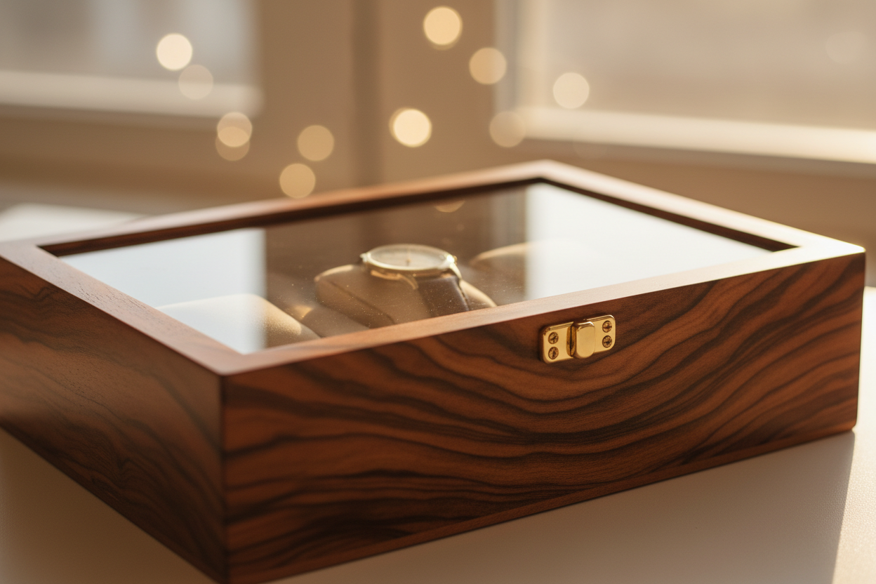legant close-up of a handmade wooden watch box with glass lid, warm natural light, rich wood grain, premium craftsmanship, luxury gift aesthetic, shallow depth of field