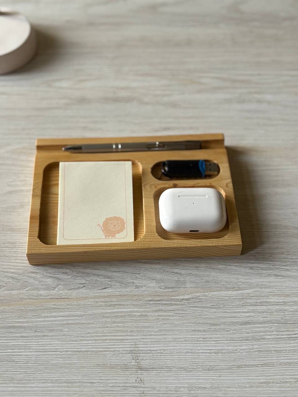 Handmade Wooden Desk Organizer with Sticky Note Holder | Pen Tray | AirPods Stand | USB Storage | Minimalist Office Desk Tray | Home Office Organizer | Unique Gift for Him