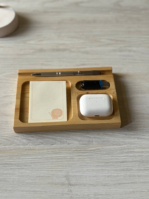 Handmade Wooden Desk Organizer with Sticky Note Holder | Pen Tray | AirPods Stand | USB Storage | Minimalist Office Desk Tray | Home Office Organizer | Unique Gift for Him