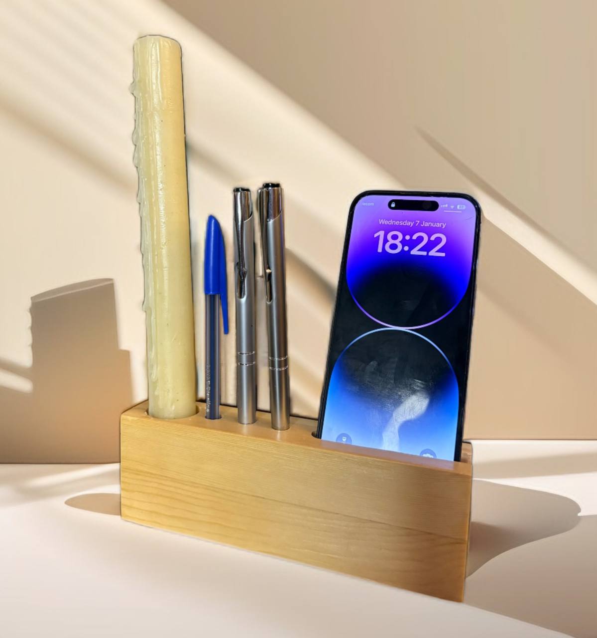 Office Handmade Organiser for Pens and Mobile Phones from Natural Wood