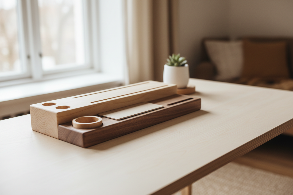 Warm minimalist workspace with a handmade natural wooden desk organizer, soft daylight, clean desk, premium craftsmanship, Scandinavian style, shallow depth of field